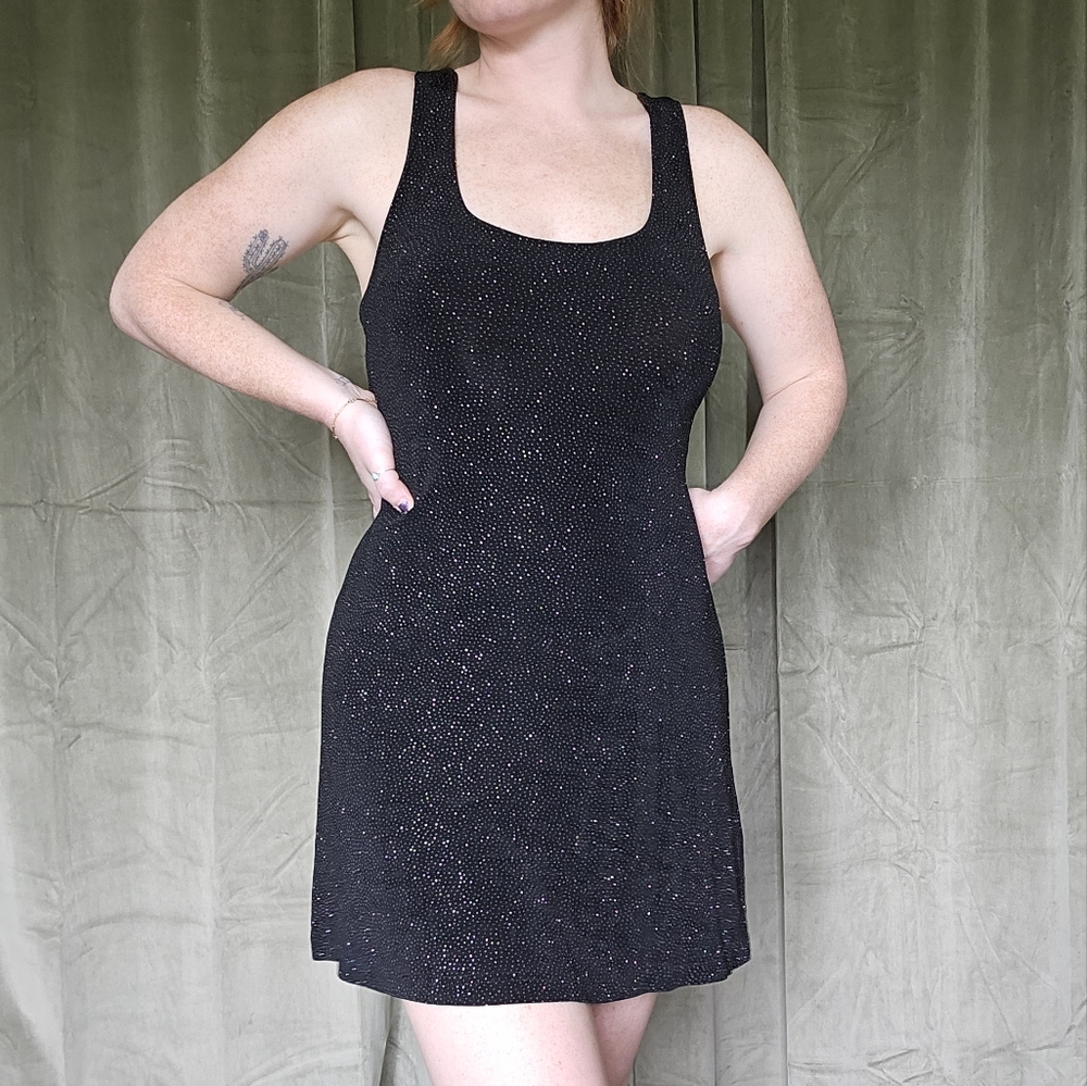 Vintage Black Goth Whimsical Indie Sleaze Sparkly Metallic Cocktail Mini Dress